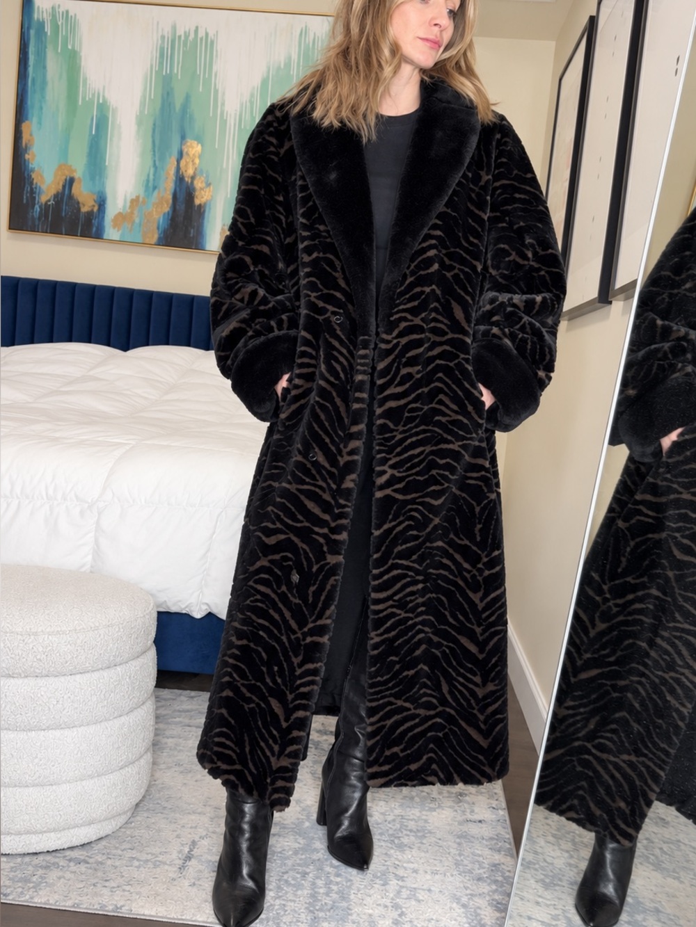 Furrocious Long Zebra Faux Fur Coat Black Brown